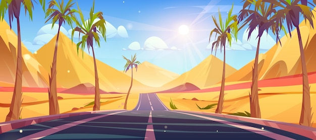 Vector gratuito arena desierto camino perspectiva vista palmera paisaje escena fondo dibujos animados verano australiano valle camino tropical diseño vector ilustración camino recto vacío y dunas terreno montaña