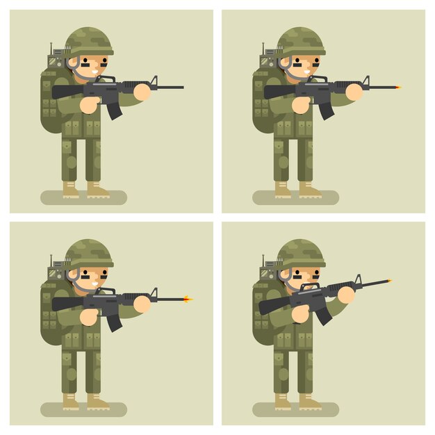Arma de tiro de animación de diseño plano de soldado. Orden de movimiento de acto, automático y tirador, asalto o ataque, guerrero uniforme
