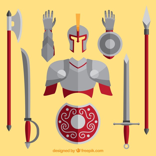 Armadura y armas de caballero con diseño plano