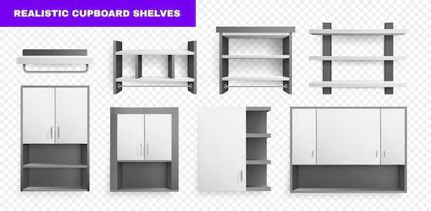 Armarios y estantes de cocina o sala de estar de dos colores en un conjunto realista de estilo minimalista aislado en una ilustración de vector de fondo transparente