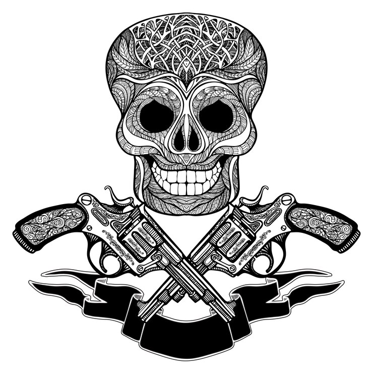 Vector gratuito armas cruzadas con adornos de cinta y calavera