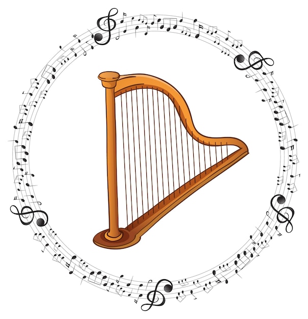 Vector gratuito un arpa clásica con notas musicales sobre fondo blanco.