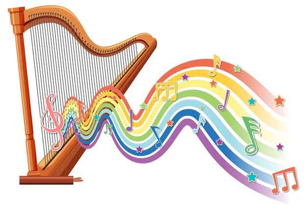 Arpa con símbolos de melodía en la onda del arco iris