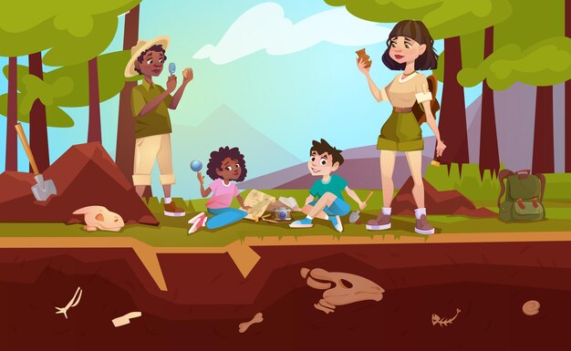 Arqueólogos de dibujos animados para adultos y niños que exploran artefactos que estudian fósiles de dinosaurios