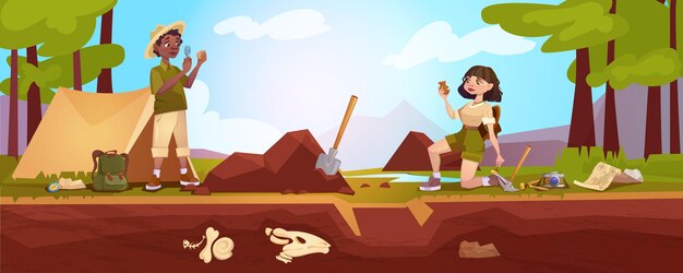 Arqueólogos de dibujos animados que exploran artefactos y estudian huesos de esqueletos fósiles de dinosaurios