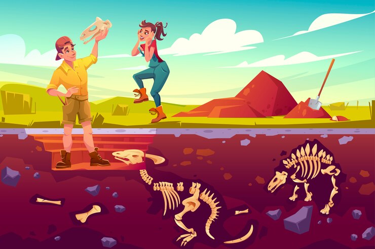 Vector gratuito los arqueólogos, el paleontólogo se regocijan por explorar el artefacto del cráneo de los dinosaurios, los científicos que trabajan en excavaciones cavando capas de suelo estudiando huesos de esqueletos fósiles de dinosaurios, ilustración vectorial de dibujos animados