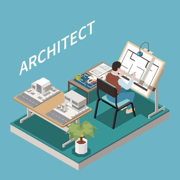 Arquitecto en la composición isométrica de la mesa con vista del espacio de trabajo de los arquitectos con modelo arquitectónico y hoja de proyecto