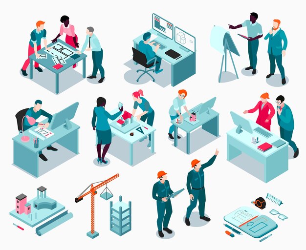Arquitecto creando el concepto de proyecto diseñando edificios con software de computadora 3d visitando el sitio de construcción conjunto isométrico ilustración vectorial