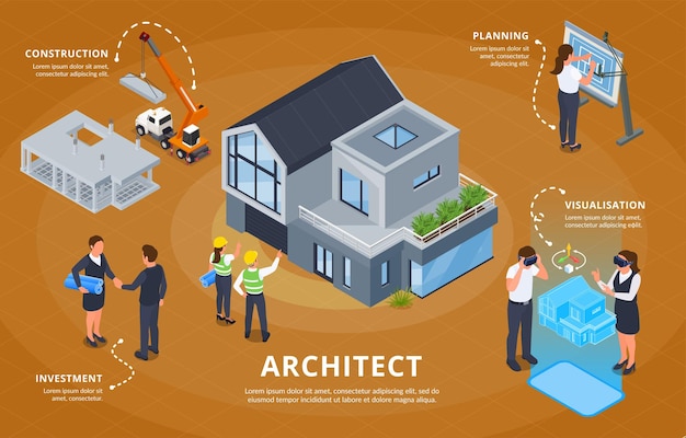 Arquitecto ingeniero de construcción fondo isométrico con texto editable y composiciones de planificación de inversiones y procesos de visualización ilustración vectorial