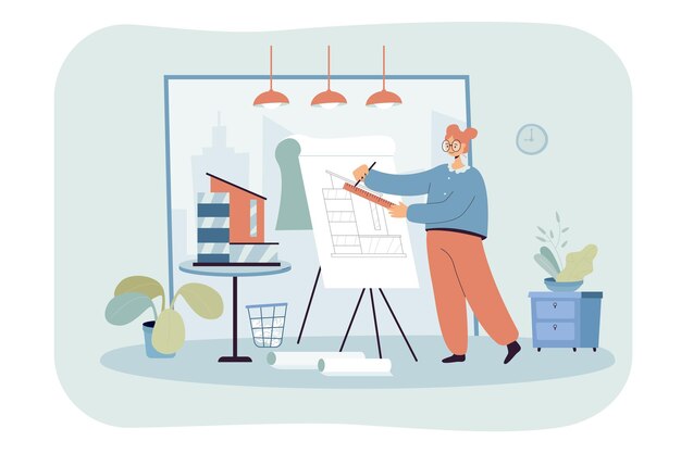 Arquitecto de la mujer que trabaja en la ilustración plana del estudio
