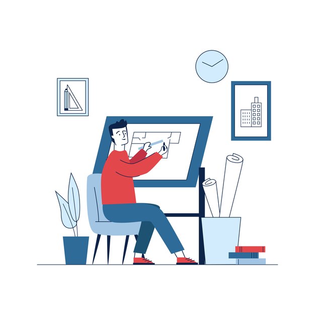 Arquitecto trabajando en plan en tablero de dibujo