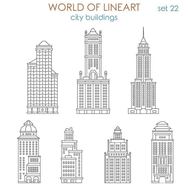 Vector gratuito arquitectura ciudad público municipal centro comercial centro de negocios histórico rascacielos antiguo edificio de propiedad al conjunto de estilo de arte lineal