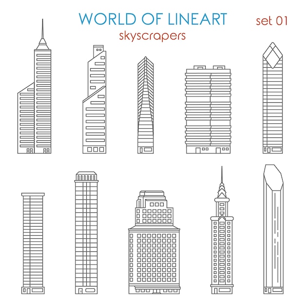 Arquitectura ciudad rascacielos al conjunto de estilo lineart. Colección World of Line Art.