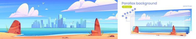 Arquitectura del horizonte de la ciudad de fondo de paralaje en la vista de la bahía frente al mar desde la playa del mar. Megapolis modernas con edificios de rascacielos, capas separadas para animación de juegos 2d, ilustración vectorial de dibujos animados