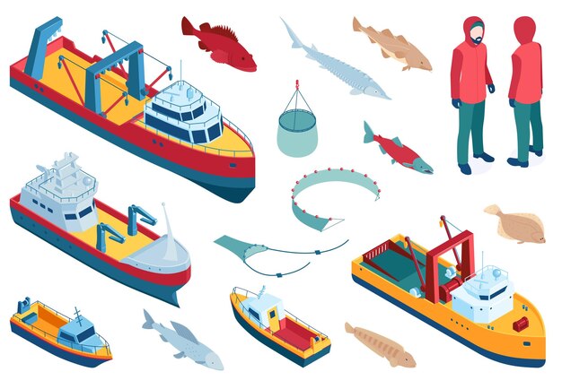 Arrastreros de pesca comercial para la producción industrial de mariscos conjunto de colores ilustración vectorial isométrica