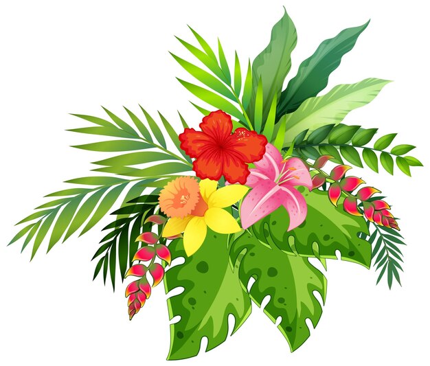 Arreglo de flores tropicales y hojas verdes