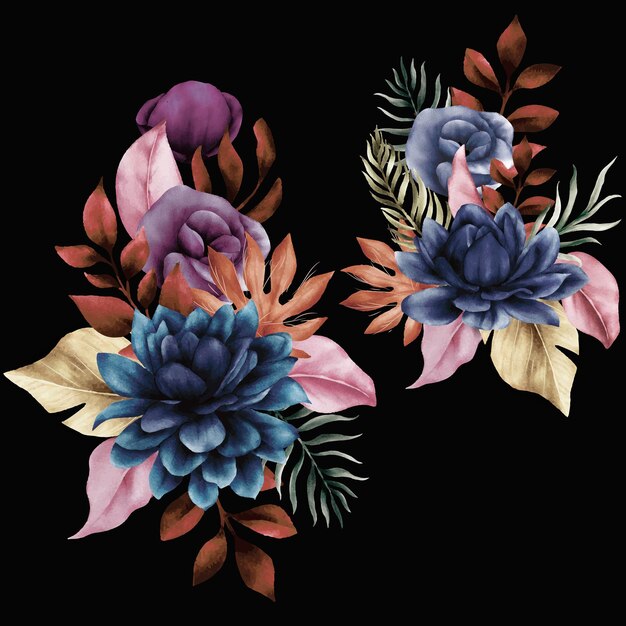Arreglo de marco de ramos de flores y hojas azules vintage