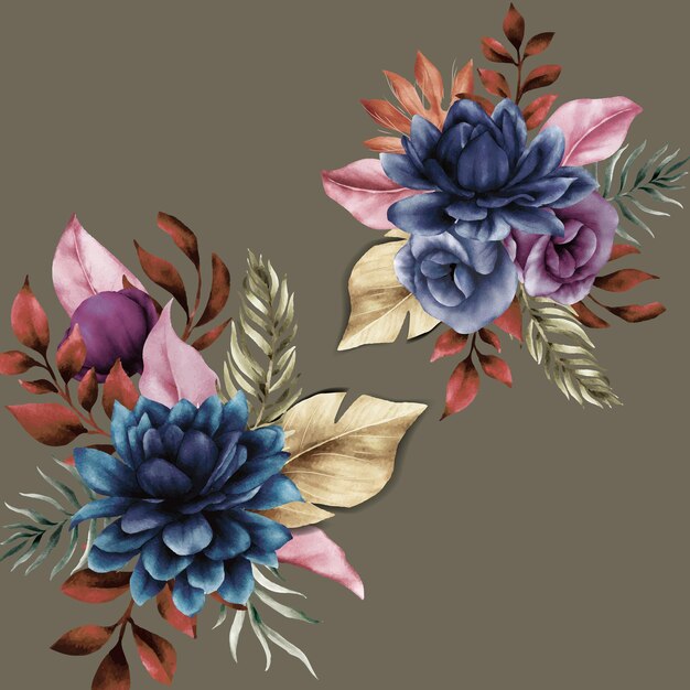Arreglo de marco de ramos de flores y hojas azules vintage