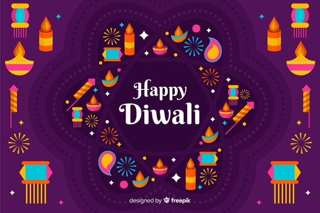 Arreglo de velas y luces de fondo diwali plano