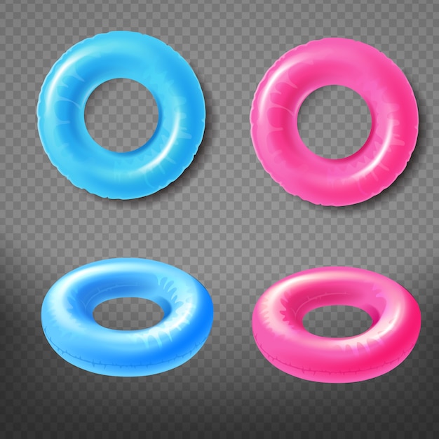 Arriba, los anillos inflables azules y rosados, iconos de vector realista 3d vista frontal conjunto aislados