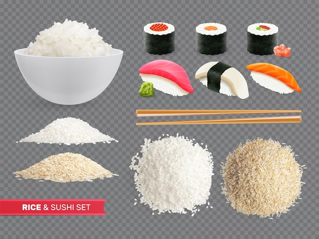 Vector gratuito arroz y sushi conjunto realista de rollos con caviar sushi con trozos de salmón de arroz blanco y marrón sobre fondo transparente ilustración vectorial aislada