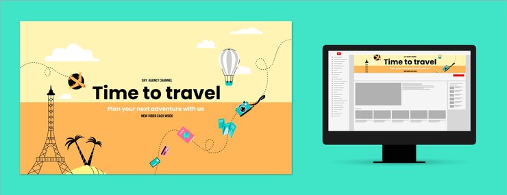 Vector gratuito arte de canal de youtube de agencia de viajes plana