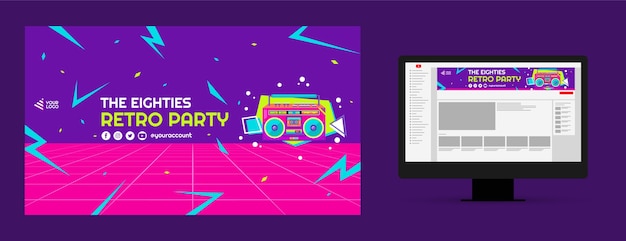 Vector gratuito arte de canal de youtube de celebración de fiesta de diseño plano de los 80