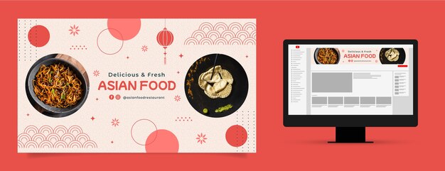 Arte de canal de youtube de comida asiática de diseño plano