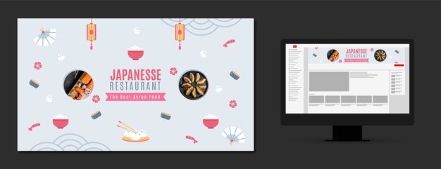 Arte de canal de youtube de comida asiática de diseño plano