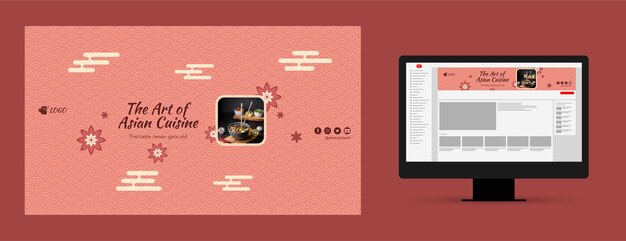 Arte de canal de youtube de comida asiática sabrosa de diseño plano