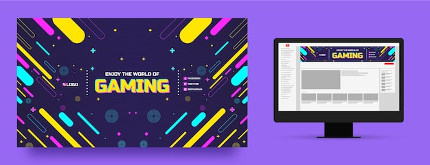 Arte de canal de youtube de configuración de juego de neón de diseño plano