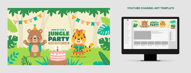 Arte de canal de youtube de cumpleaños de selva de diseño plano