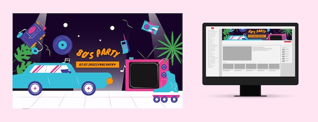 Arte de canal de youtube de fiesta de los 80 de diseño plano