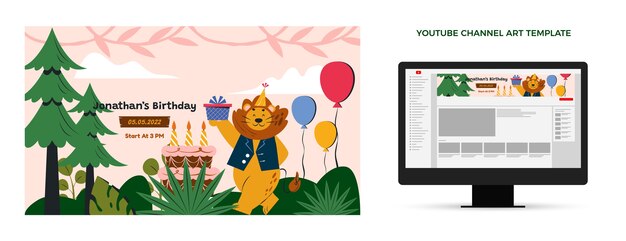 Arte de canal de youtube de fiesta de cumpleaños de selva de diseño plano dibujado a mano
