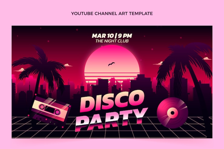Vector gratuito arte del canal de youtube de la fiesta disco vaporwave retro degradado