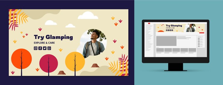 Vector gratuito arte de canal de youtube de glamping de diseño plano