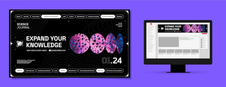 Vector gratuito arte del canal de youtube de investigación científica de diseño plano.