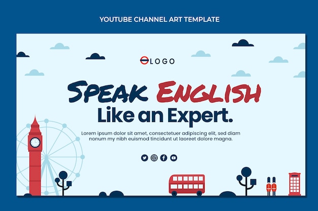 Vector gratuito arte de canal de youtube de lecciones de inglés de diseño plano