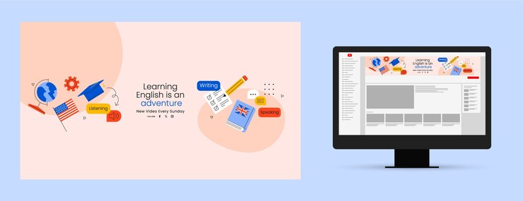 Vector gratuito arte de canal de youtube de lecciones de inglés de diseño plano