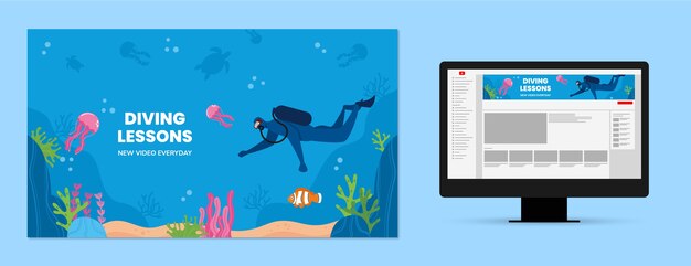 Arte de canal de youtube plano dibujado a mano de buceo