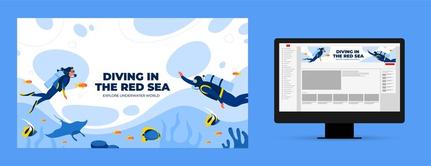 Arte de canal de youtube plano dibujado a mano de buceo