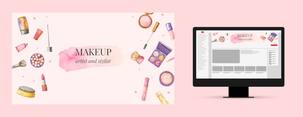 Arte de canal de youtube de productos de maquillaje de acuarela.