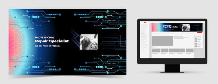 Vector gratuito arte de canal de youtube de reparación de tecnología degradada