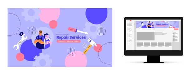 Arte de canal de youtube de reparación de tecnología de diseño plano