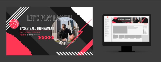 Arte de canal de youtube de torneo de baloncesto de diseño plano