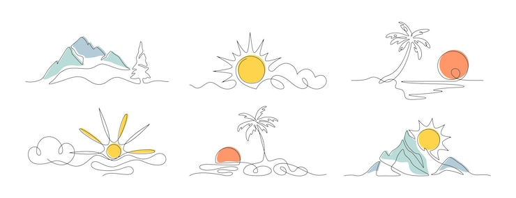 Vector gratuito arte de garabateo vectorial continuo una línea sol coco palma nubes paisaje tropical con montañas
