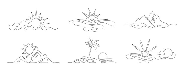 Vector gratuito arte de garabateo vectorial continuo una línea sol nube paisaje tropical con montañas mar playa coco