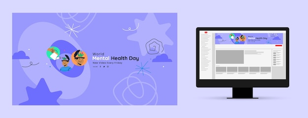 Vector gratuito arte plano del canal de youtube para la concientización sobre el día mundial de la salud mental.