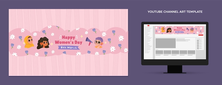 Vector gratuito arte plano del canal de youtube del día internacional de la mujer.