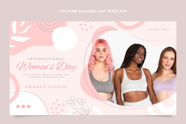 Vector gratuito arte plano del canal de youtube del día internacional de la mujer.